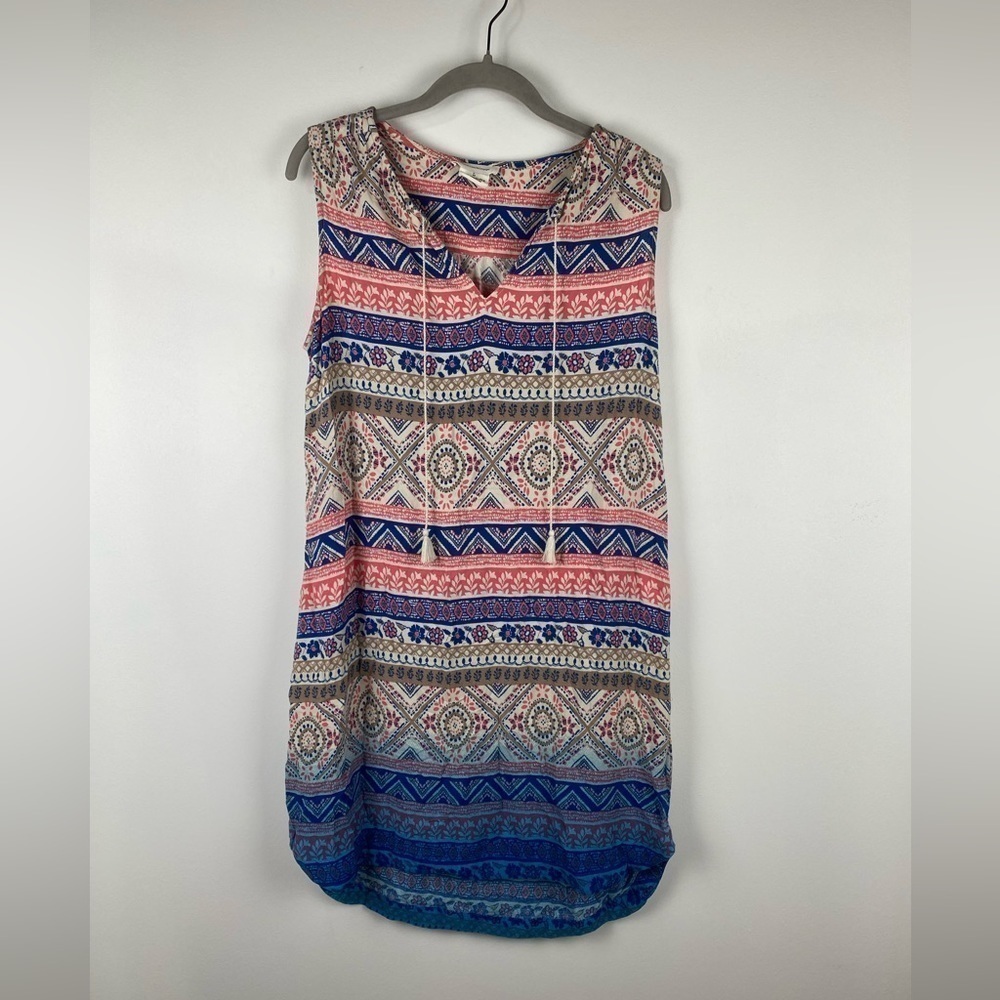 beachlunchlounge Beachy Boho Blue Pink Sleeveless Patterned Dress, Size Large